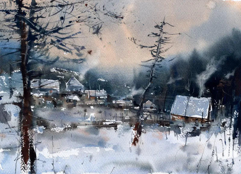 Ю. Присяжний. «Winter village». 2021. Папір, акварель