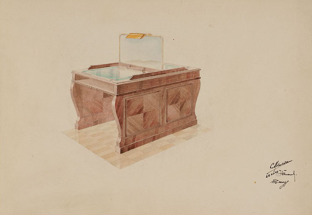 Ескіз робочого столу для читального залу бібліотеки. 1946. Папір, акварель